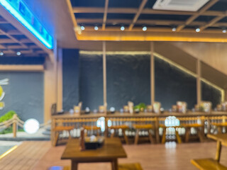 Bandung, Indonesia-November 29, 2024: An out-of-focus interior of a modern restaurant or cafe with...