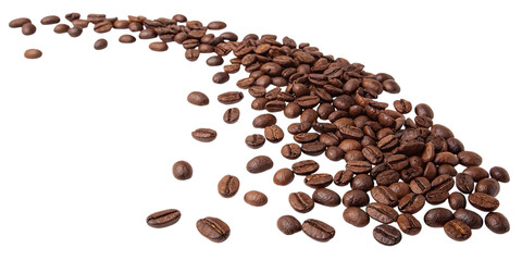 Scattered roasted coffee beans cascade across a transparent background isolated on transparent...