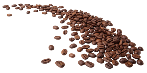 Scattered roasted coffee beans cascade across a transparent background isolated on transparent background