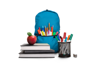 A back to school scene of a pile of three study books to learn from, a red apple, blue school bag and pens and pencils isolated against a transparent background.