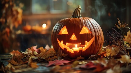 Closeup of carved pumpkin with flickering candle inside, surrounded by autumn leaves and dried flowers on rustic wooden table, warm soft lighting