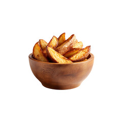 wooden bowl of crispy potato wedges isolated on a transparent background, in a PNG format