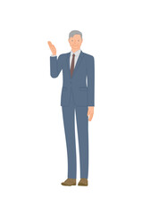 ビジネススーツを着た笑顔のシニア男性：手で指し示す