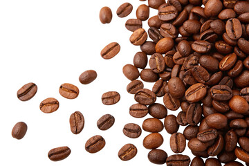 Naklejka premium Scattered roasted coffee beans forming a wave pattern isolated on transparent background
