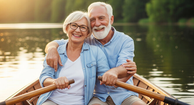 Happy beautiful elderly couple of pensioners hugging and smiling while sailing on a wooden boat with oars on the lake, concept of summer vacation for pensioners, hello summer, summer holidays - Powered by Adobe