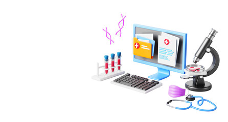 3d medical research banner. Medicine service, laboratory diagnostic, genetic analysis. Lab microscope, blood test tubes, dna molecule, electronic health record on pc computer screen