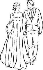 Wedding Couple Walking Hand in Hand Sketch for Invitations