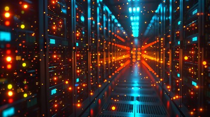 Server racks storing data in a modern data center with blinking lights