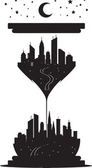 Naklejka premium Black and White Illustration of a Surreal Hourglass Encasing a Dual Cityscape—One with a Moon and Aircraft, One Without 