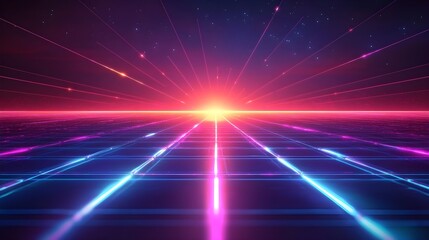 Obraz premium 未来的なシンセウェーブの夕焼けグリッド風景、鮮やかなネオンライトと星空