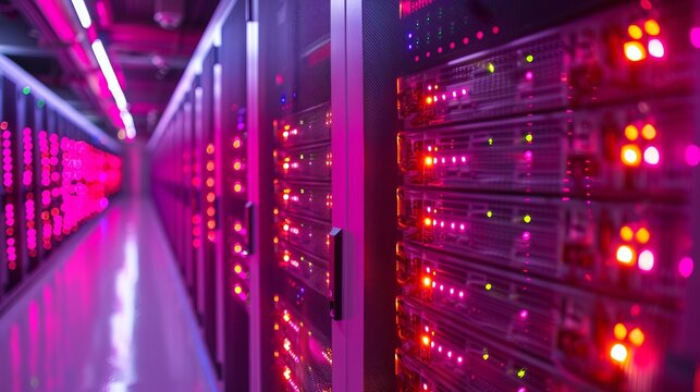 Server racks with colorful led lights blinking in modern data center