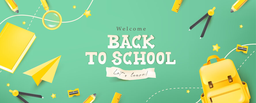 Colorful poster design with back to school text yellow backpack school supplies and green background for education and student promotion