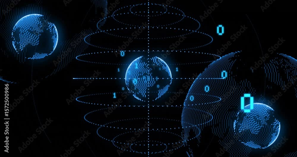 Poster after pulsing rings, inner globe rotating, binary digits sliding, outer globe drifting showing data