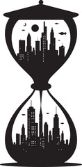 Black and White Illustration of a Surreal Hourglass Encasing a Dual Cityscape&mdash;One with a Moon and Aircraft, One Without  
