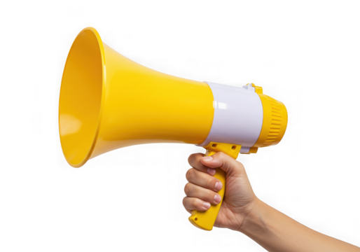 Yellow megaphone in hand isolated on transparent background