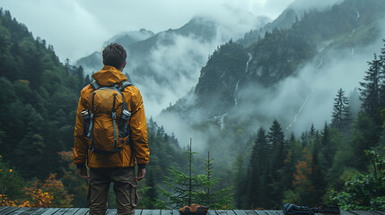 Misty mountain valley hiker dramatic landscape photography