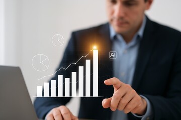 Business Analytics with AI, Businessman Analyzing Financial Data, Growth Charts, Investment Strategy, and Technology Integration Illustration