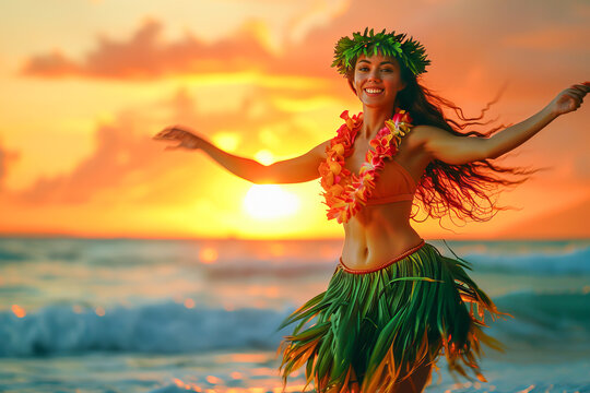 Hawaiian hula dancer with flower lei dancing at sunset