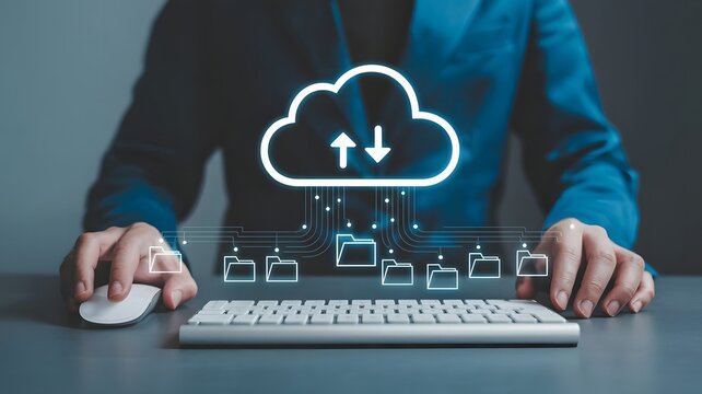 A businesswoman uses a computer, and a cloud computing icon with files and folders appears above the keyboard, symbolizing data transfer and storage