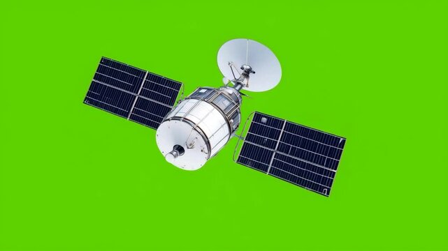 A satellite in space, with solar panels and a dish, against a green background. This image captures the essence of modern technology and its impact