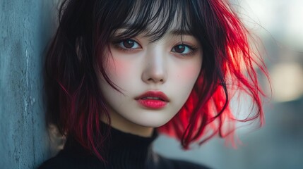 Fototapeta premium 赤と黒の髪のスタイリッシュなボブヘアカットの若いアジア人女性が屋外でポーズをとる