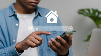A person uses their smartphone to search for a house online, a digital house icon is displayed above