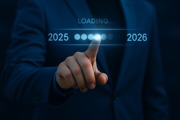 Business professional touching 2026 loading progress bar on futuristic interface, symbolizing technological advancement, innovation, and progress towards future goals Illustration