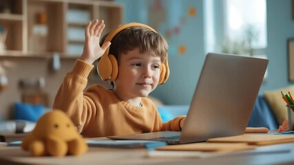 A student wearing headphones while learning online education with a laptop at home and listening to teacher explaining the lesson on the screen. Studying with video online lesson at home
- Powered by Adobe
