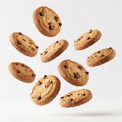Chocolate cookies with decorative pattern falling