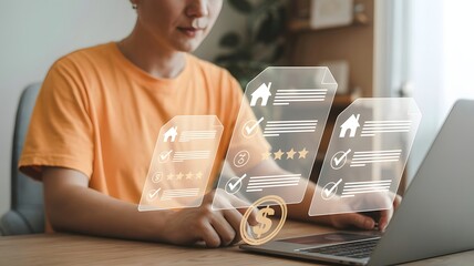 Person reviewing a checklist on their laptop, with house icons and dollar signs appearing on the screen, suggesting real estate or financial planning