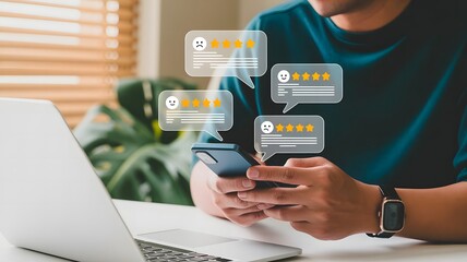 A man is checking customer reviews on his smartphone, with feedback bubbles showing star ratings and comments, highlighting online feedback and customer satisfaction