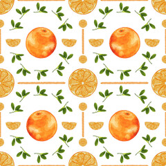 Vintage Oranges Fruit With Leaves Seamless Pattern