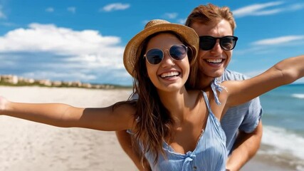 A joyful couple embracing each other while enjoying a seaside vacation. They wear sunglasses and are smiling with delight - Powered by Adobe
