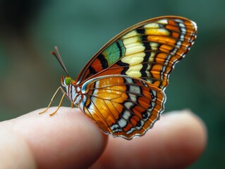 Close-up of a butterfly resting on a person's fingertip