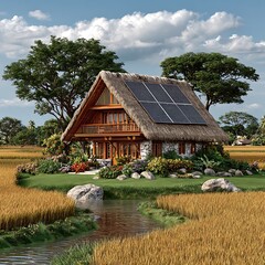 Obraz premium Rural thatched house with panels high resolution picture