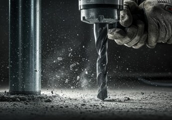 A drill in action drilling into a concrete or stone surface, creating flying dust. Concept of hard work, construction, renovation, and professional installation services.