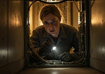 Woman technician looking inside an electrical panel with a flashlight, performing maintenance inspection. Concept of problem-solving and expertise for industrial repair.