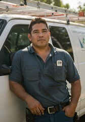 A man HVAC technician stands sweating, showing dedication and hard work in hot outdoor conditions. Professional service for air conditioner installation and cooling.