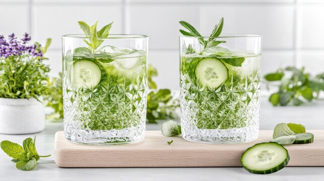 Refreshing Cucumber Drinks: Two exquisite glasses filled with a vibrant, refreshing concoction of cucumber and fresh herbs, creating a visually appealing and tantalizing beverage experience.