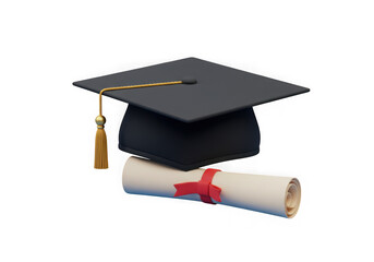Graduation cap and diploma certificate isolated on transparent background
