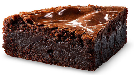 Single piece of rich fudgy chocolate brownie with crackly top and moist texture, isolated on white background, showing detailed crumb and glossy surface.