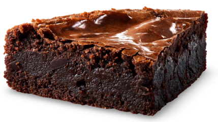 Single piece of rich fudgy chocolate brownie with crackly top and moist texture, isolated on white background, showing detailed crumb and glossy surface.