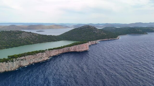 Aerial drone view of Telascica National Park and the Adriatic Sea in Croatia.	