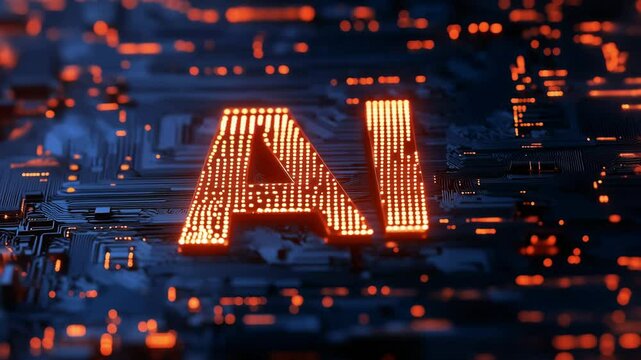 High tech digital 'AI' in 3D letters artificial intelligence on computer processor chip circuit, surrounded by holographic elements and glowing binary code. Artificial Intelligence processor concept	
