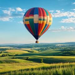 Fototapeta premium Bright balloon floating over countryside landscape in morning light high resolution picture