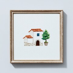 Cozy village watercolor at golden hour, ornate vintage frame