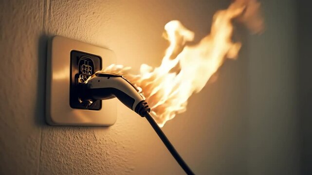 Fire damaged an electronic outlet and power plug plugged into a wall socket, Electric outlet fire caused by a short circuit in a wall plug. Electrical risks, and safety precautions in residential	