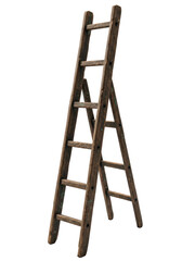 A weathered, vintage wooden ladder in a three-quarter view, showcasing dark wood, etched grain, and faint faded paint, isolated against a seamless transparent studio background with high-key lighting,