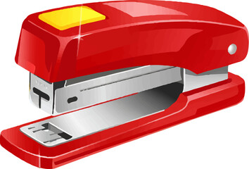 Image is a digital illustration of a stapler, featuring a sleek and modern design. The stapler is predominantly red with a glossy finish, giving it a vibrant and eye-catching appearance. The top secti
