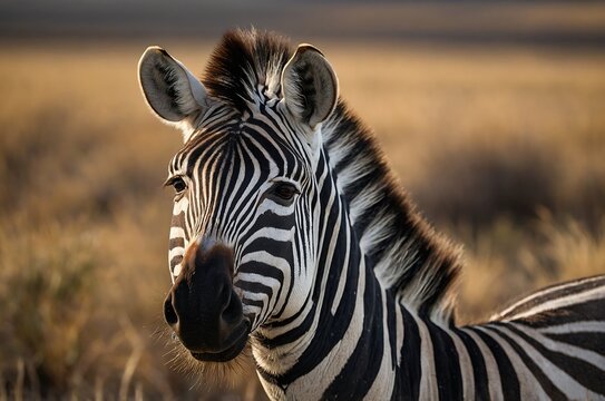 Close up portrait of a zebra with black and white stripes in a golden field background outdoors